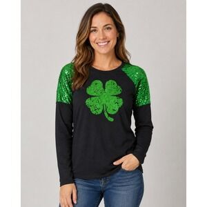 Unbranded St Patricks Day Top Women Medium Black Green Sequin Shamrock Raglan